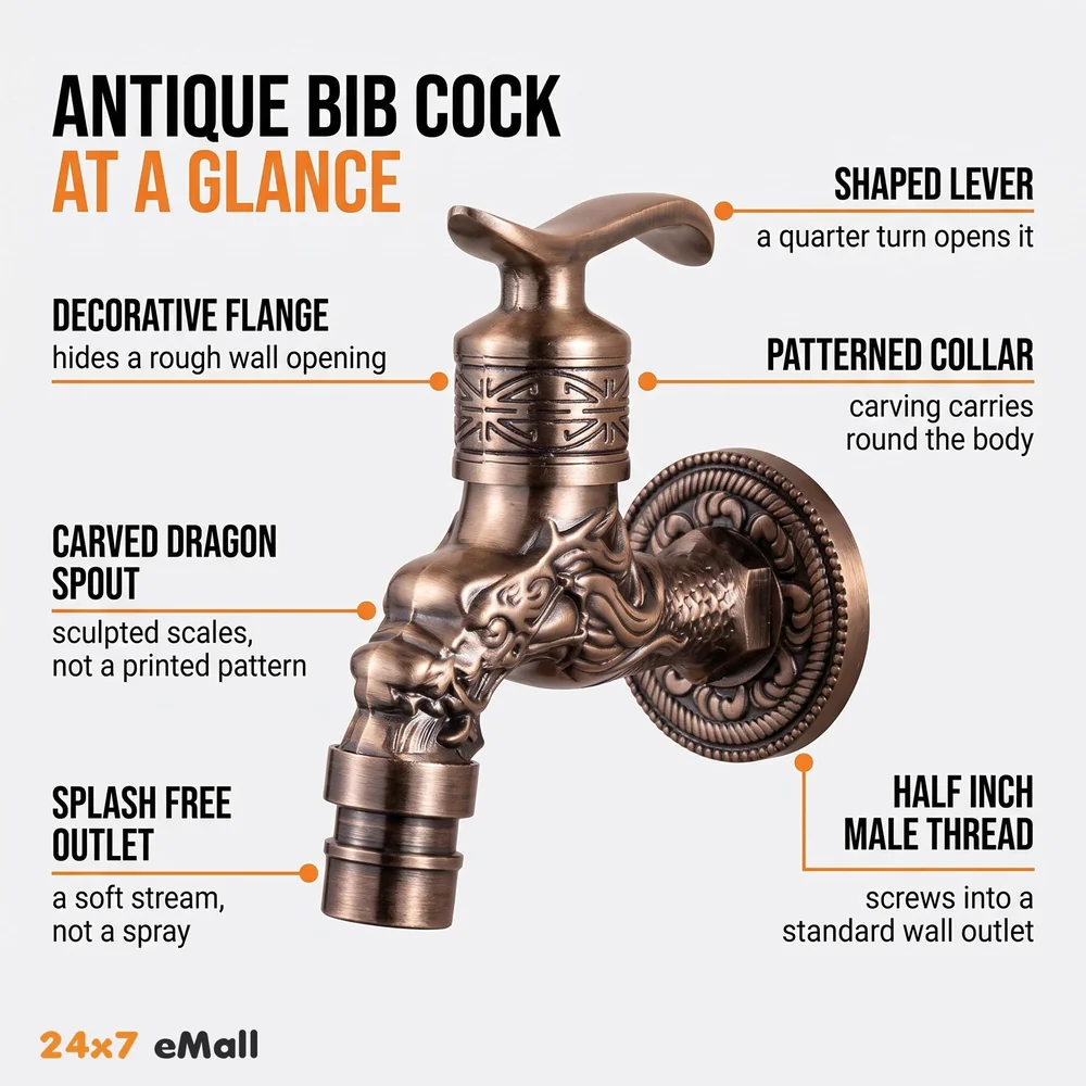 Bib Cock Antique Design 4 inch wash Basin Faucet Bathroom Single Cold tap Carved Pattern Vintage Finish wall Mount with Flange Garden Kitchen Outdoor