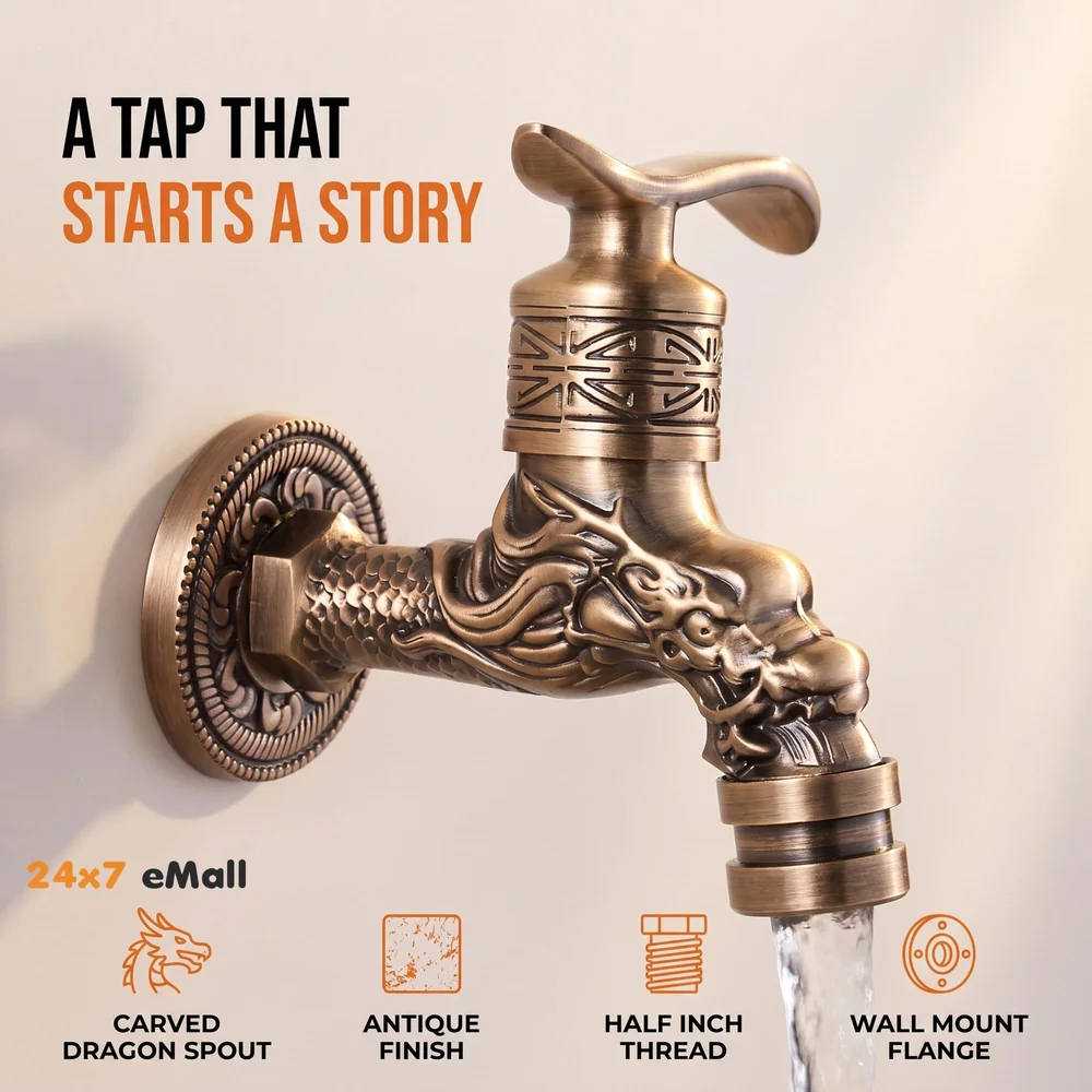 Bib Cock Antique Design 4 inch wash Basin Faucet Bathroom Single Cold tap Carved Pattern Vintage Finish wall Mount with Flange Garden Kitchen Outdoor