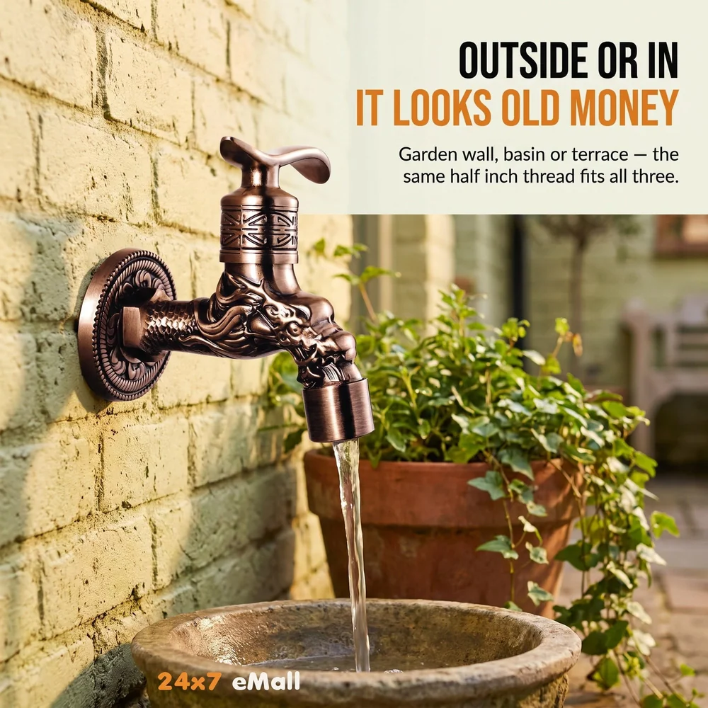 Bib Cock Antique Design 4 inch wash Basin Faucet Bathroom Single Cold tap Carved Pattern Vintage Finish wall Mount with Flange Garden Kitchen Outdoor