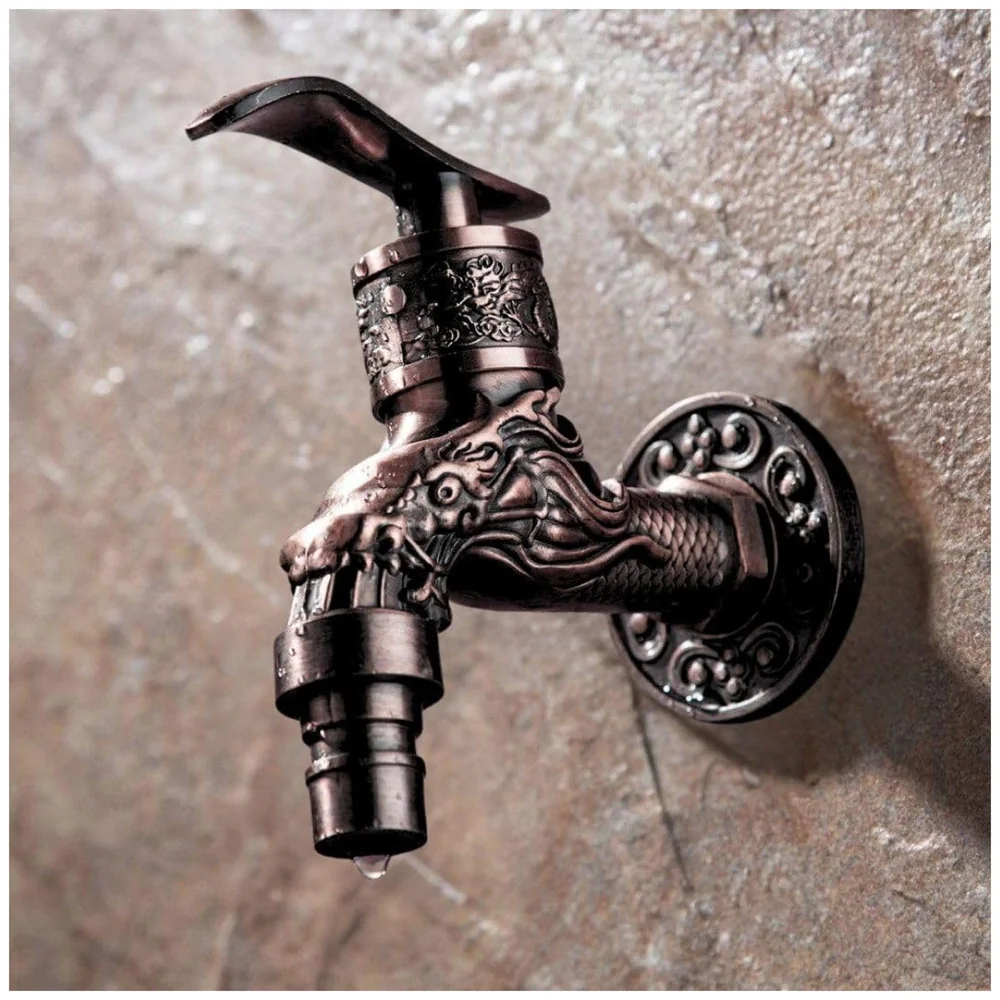 Bib Cock Antique Design 4 inch wash Basin Faucet Bathroom Single Cold tap Carved Pattern Vintage Finish wall Mount with Flange Garden Kitchen Outdoor