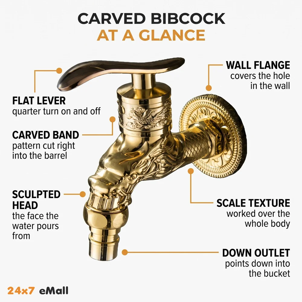 Golden Bib Cock Gold Design 4 inch wash Basin Faucet Bathroom Single Cold tap Carved Pattern Vintage Finish wall Mount with Flange Garden Kitchen Outdoor