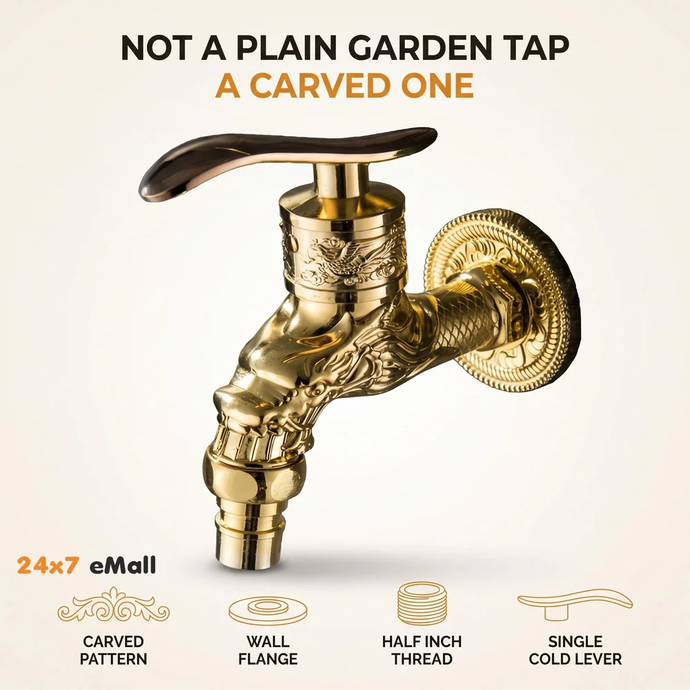 Golden Bib Cock Gold Design 4 inch wash Basin Faucet Bathroom Single Cold tap Carved Pattern Vintage Finish wall Mount with Flange Garden Kitchen Outdoor