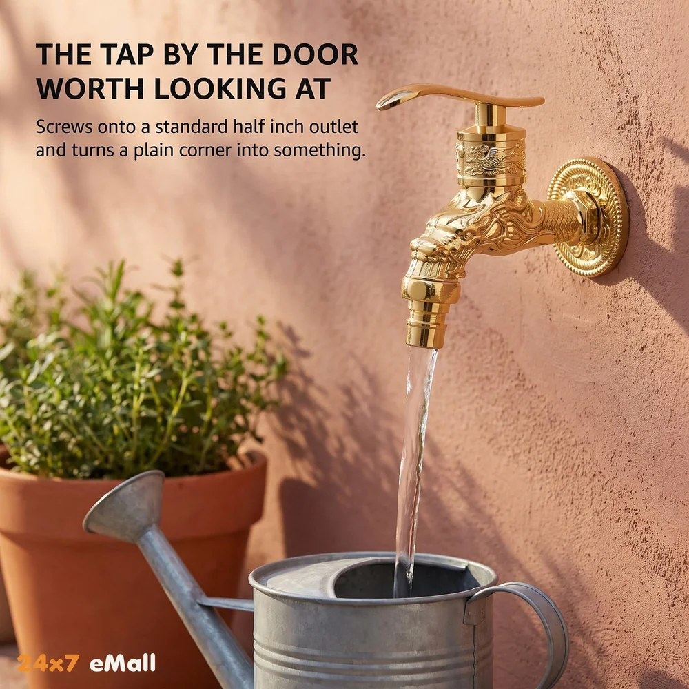 Golden Bib Cock Gold Design 4 inch wash Basin Faucet Bathroom Single Cold tap Carved Pattern Vintage Finish wall Mount with Flange Garden Kitchen Outdoor