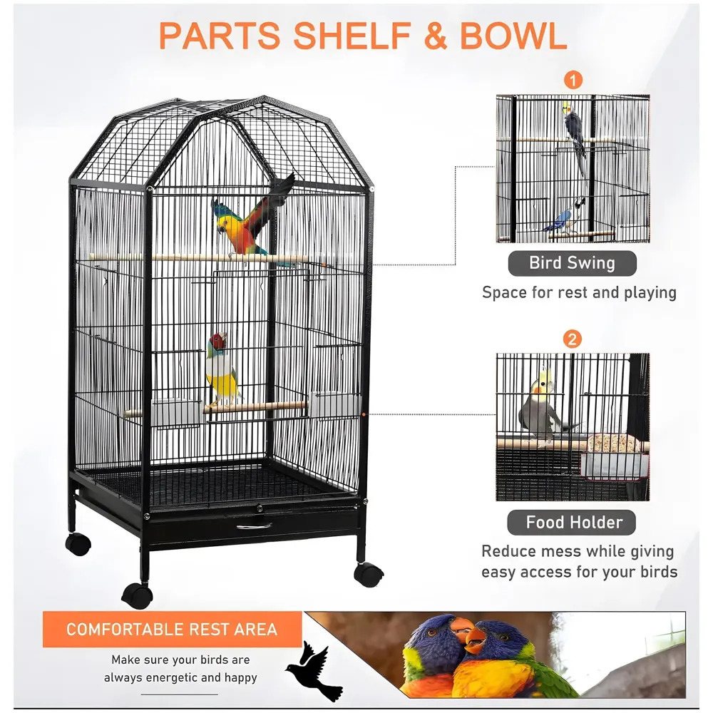 34 inch Sturdy Large Bird Cage for Parakeets, Cockatiels, Parrot, Sun Conure, Green-Cheeked Parakeet, Lovebird, Canary, Finch Lovebird, Pigeons, Parrots with Rolling Stand (Black, Large)