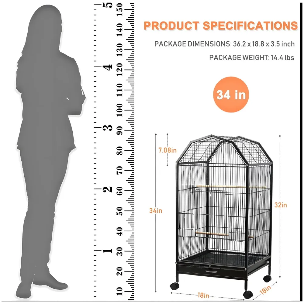34 inch Sturdy Large Bird Cage for Parakeets, Cockatiels, Parrot, Sun Conure, Green-Cheeked Parakeet, Lovebird, Canary, Finch Lovebird, Pigeons, Parrots with Rolling Stand (Black, Large)