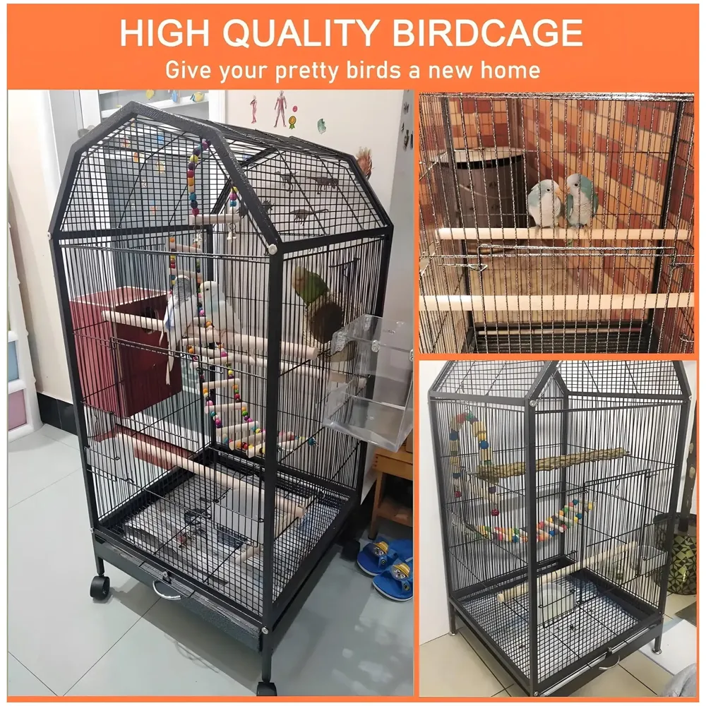 34 inch Sturdy Large Bird Cage for Parakeets, Cockatiels, Parrot, Sun Conure, Green-Cheeked Parakeet, Lovebird, Canary, Finch Lovebird, Pigeons, Parrots with Rolling Stand (Black, Large)