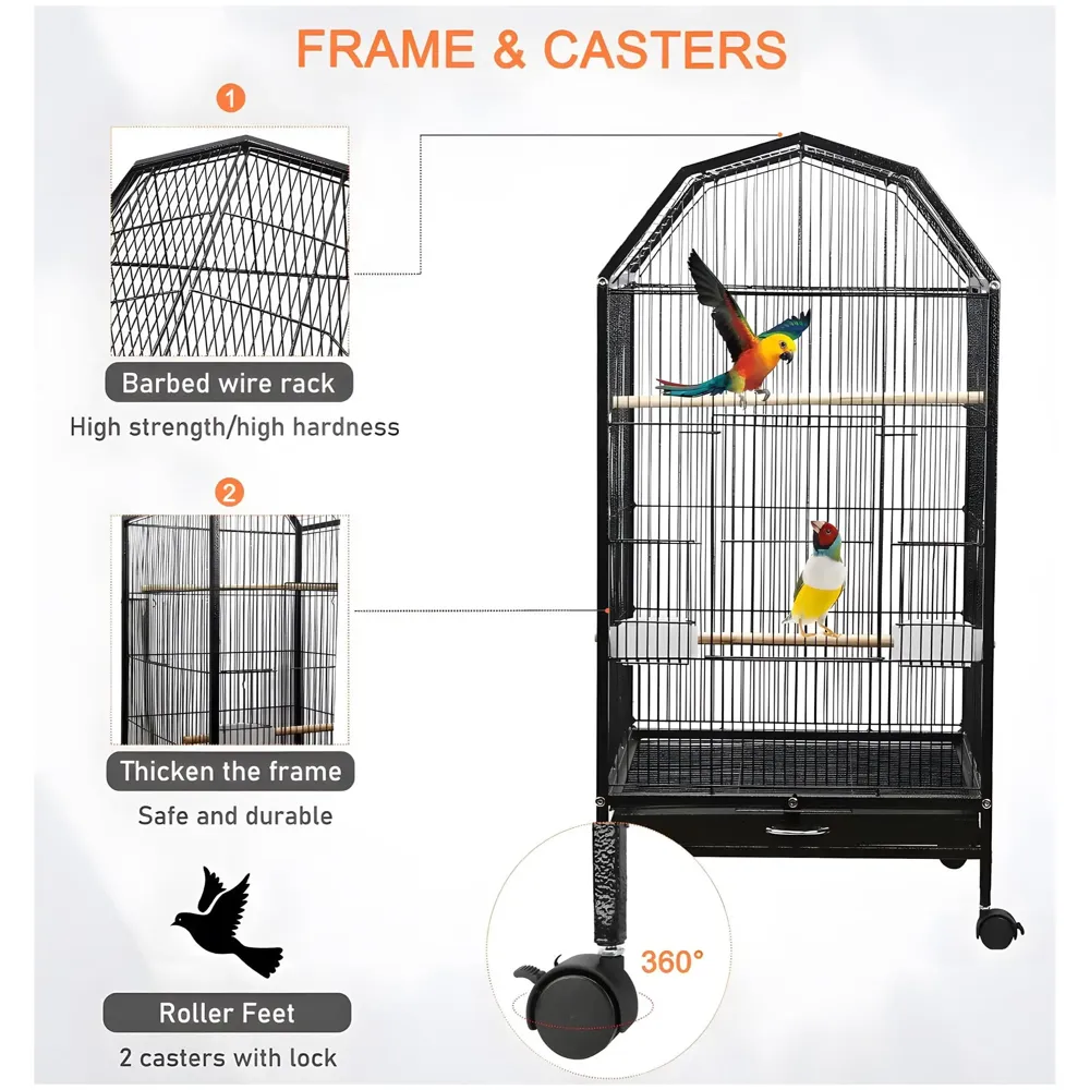 34 inch Sturdy Large Bird Cage for Parakeets, Cockatiels, Parrot, Sun Conure, Green-Cheeked Parakeet, Lovebird, Canary, Finch Lovebird, Pigeons, Parrots with Rolling Stand (Black, Large)
