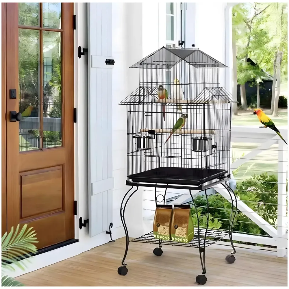 55 inch Metal Large Bird Cage for Parakeets Cockatiels Parrot Sun Conure Green-Cheeked Parakeet Lovebird Canary Finch Lovebird Pigeons Parrot with Rolling Stand.