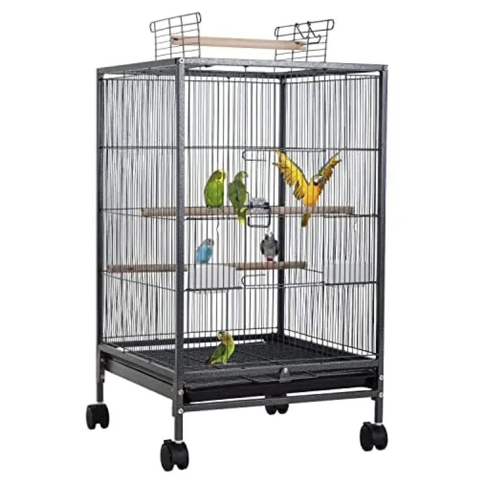 30 inch Sturdy Large Bird metal Cage for Parakeets Cockatiels Parrot Sun Conure Green-Cheeked Parakeet Lovebird Canary Finch Lovebird Pigeons Parrot with Rolling Stand (Black, Large)
