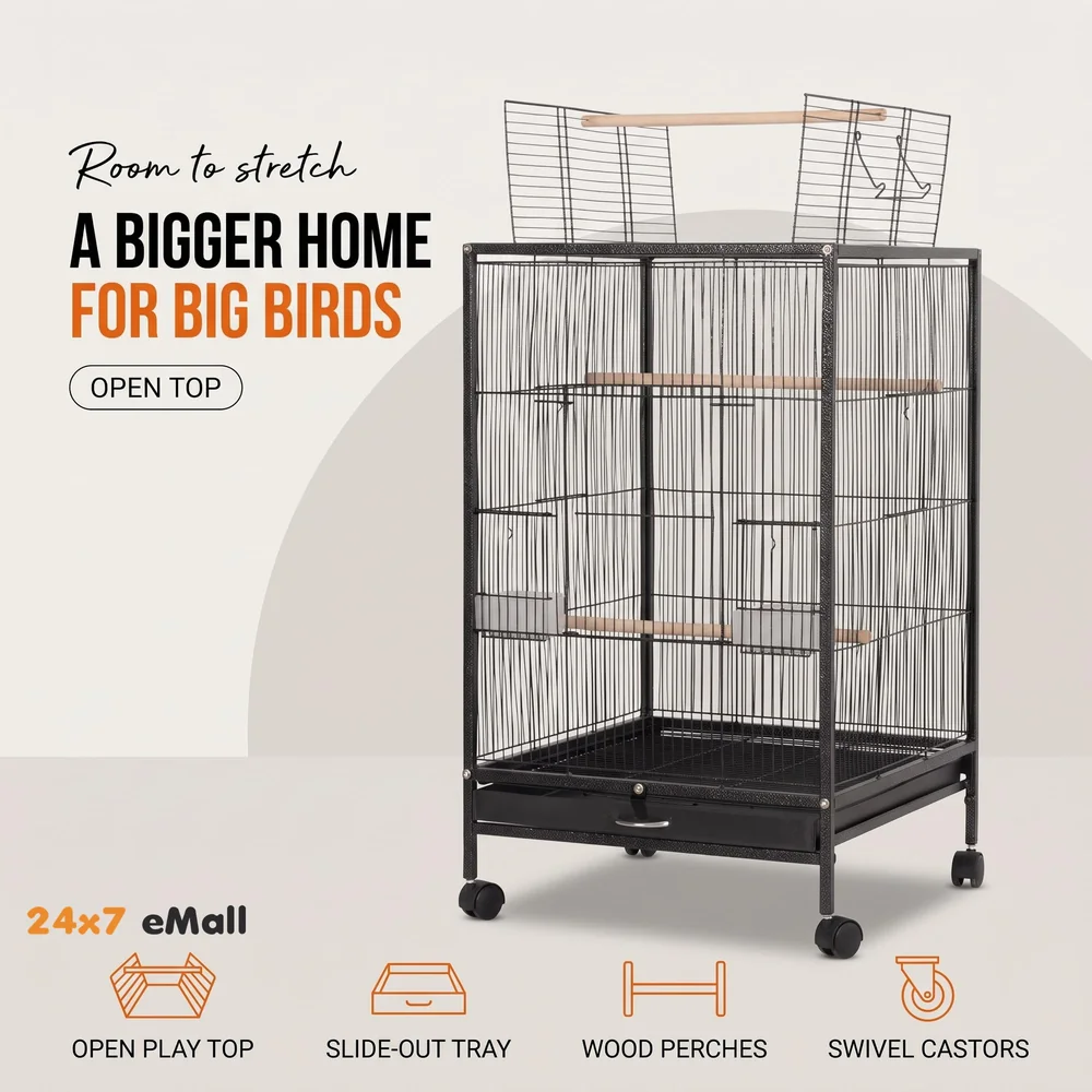 30 inch Sturdy Large Bird metal Cage for Parakeets Cockatiels Parrot Sun Conure Green-Cheeked Parakeet Lovebird Canary Finch Lovebird Pigeons Parrot with Rolling Stand (Black, Large)