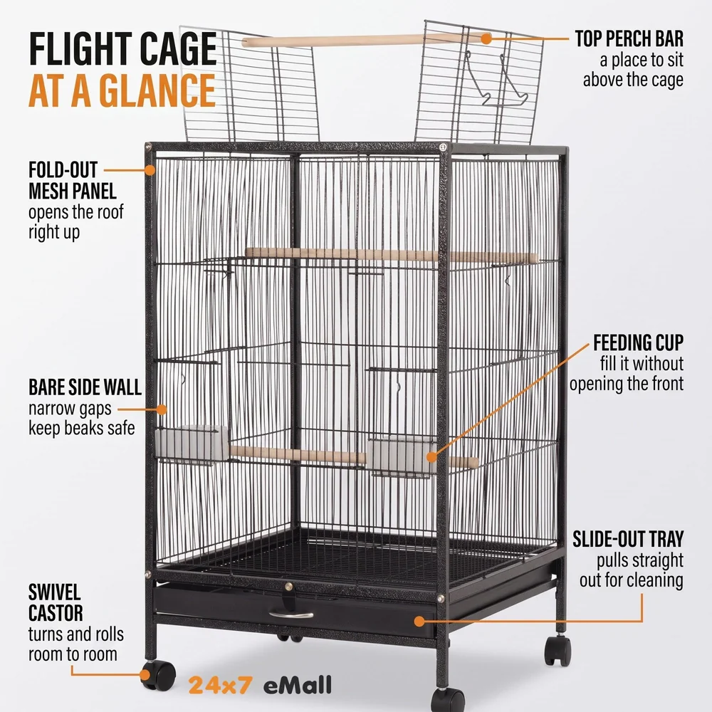 30 inch Sturdy Large Bird metal Cage for Parakeets Cockatiels Parrot Sun Conure Green-Cheeked Parakeet Lovebird Canary Finch Lovebird Pigeons Parrot with Rolling Stand (Black, Large)