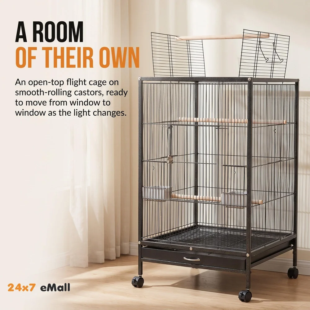 30 inch Sturdy Large Bird metal Cage for Parakeets Cockatiels Parrot Sun Conure Green-Cheeked Parakeet Lovebird Canary Finch Lovebird Pigeons Parrot with Rolling Stand (Black, Large)