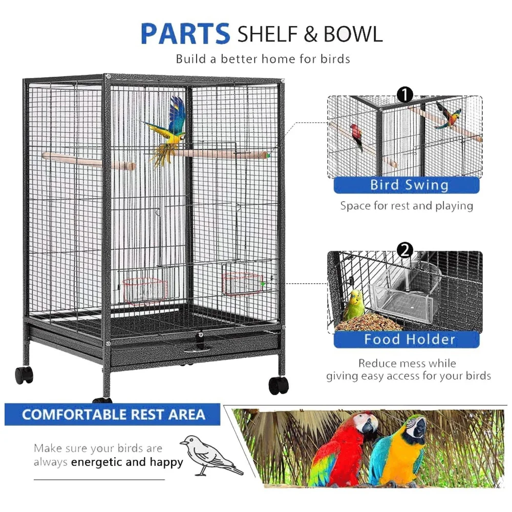 30 inch Sturdy Large Bird metal Cage for Parakeets Cockatiels Parrot Sun Conure Green-Cheeked Parakeet Lovebird Canary Finch Lovebird Pigeons Parrot with Rolling Stand (Black, Large)