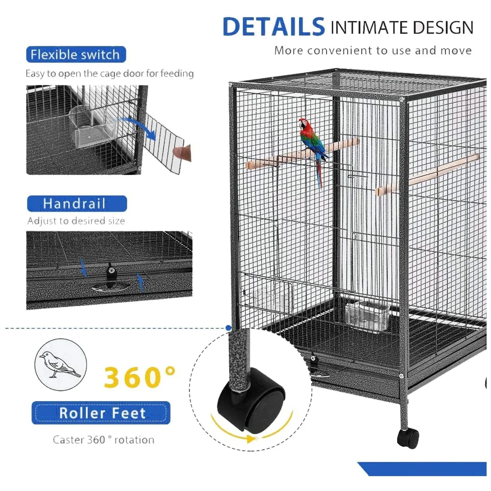 30 inch Sturdy Large Bird metal Cage for Parakeets Cockatiels Parrot Sun Conure Green-Cheeked Parakeet Lovebird Canary Finch Lovebird Pigeons Parrot with Rolling Stand (Black, Large)