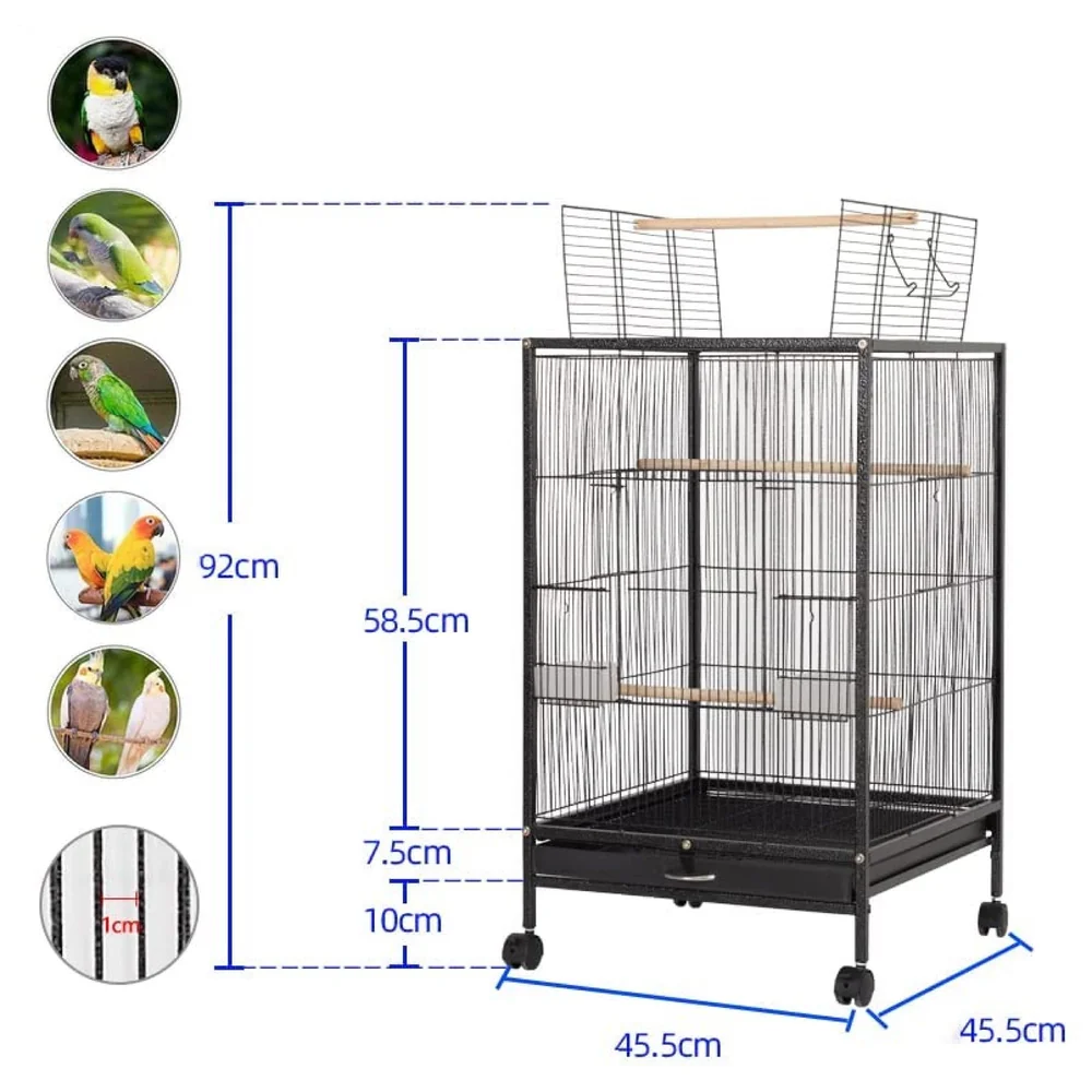 30 inch Sturdy Large Bird metal Cage for Parakeets Cockatiels Parrot Sun Conure Green-Cheeked Parakeet Lovebird Canary Finch Lovebird Pigeons Parrot with Rolling Stand (Black, Large)