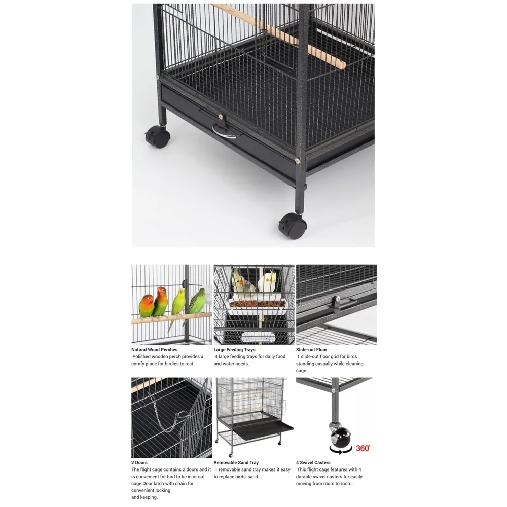 30 inch Sturdy Large Bird metal Cage for Parakeets Cockatiels Parrot Sun Conure Green-Cheeked Parakeet Lovebird Canary Finch Lovebird Pigeons Parrot with Rolling Stand (Black, Large)