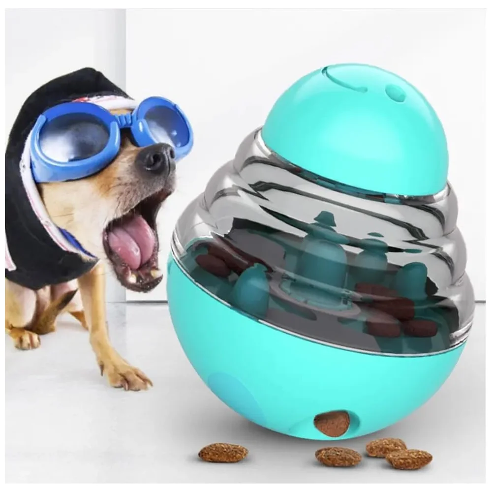 Dog Treat Dispenser Ball Tumbler Slow Feeder IQ Puzzle Toy in Cyan