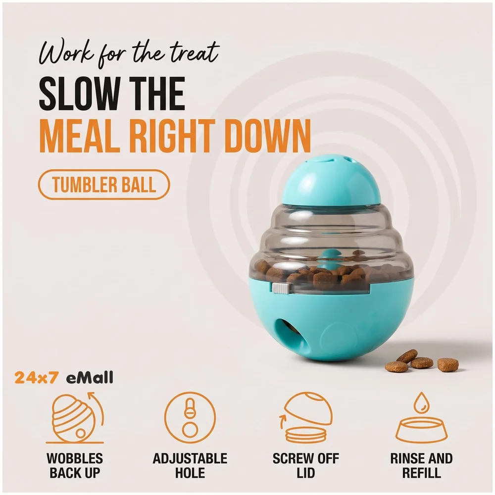 Dog Treat Dispenser Ball Tumbler Slow Feeder IQ Puzzle Toy in Cyan