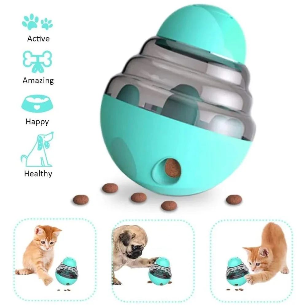 Dog Treat Dispenser Ball Tumbler Slow Feeder IQ Puzzle Toy in Cyan