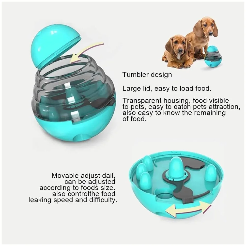 Dog Treat Dispenser Ball Tumbler Slow Feeder IQ Puzzle Toy in Cyan