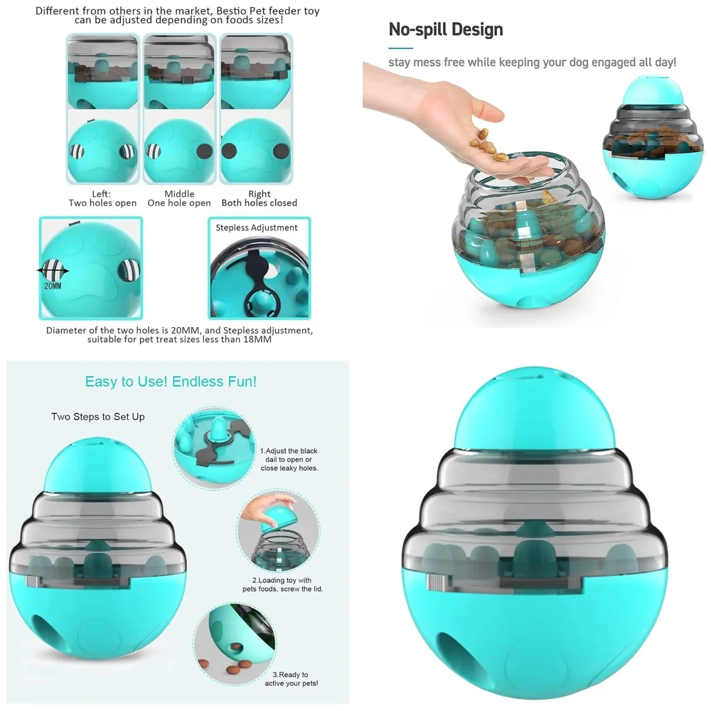 Dog Treat Dispenser Ball Tumbler Slow Feeder IQ Puzzle Toy in Cyan