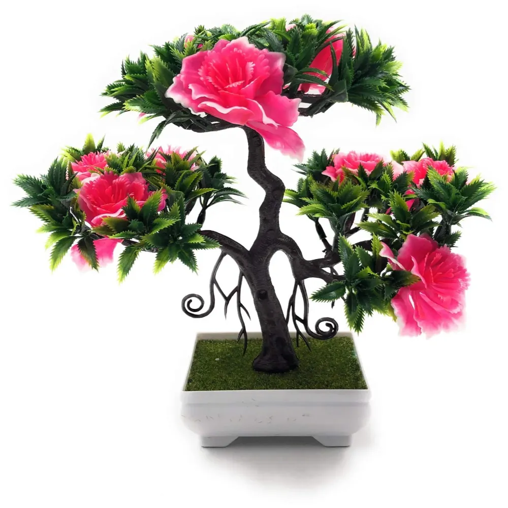 Artificial Dwarf Tree And Grass with PVC Pot (Pink Flower)