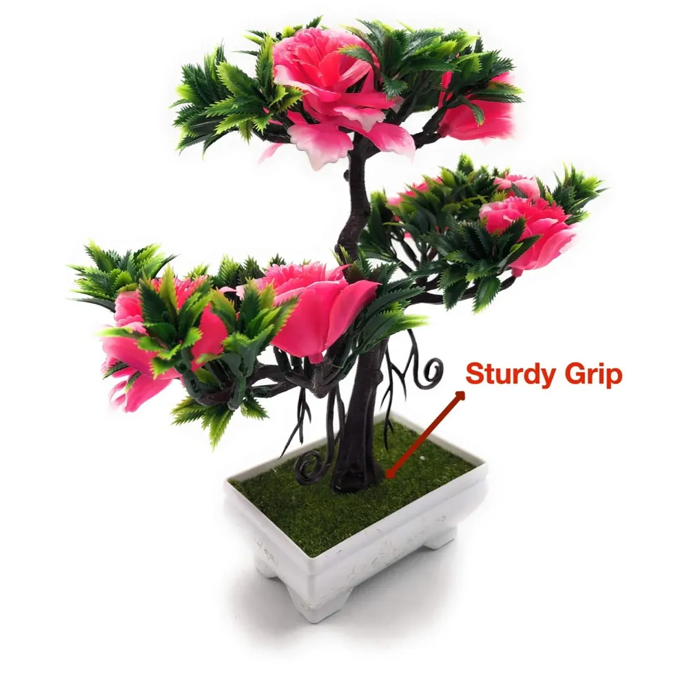 Artificial Dwarf Tree And Grass with PVC Pot (Pink Flower)