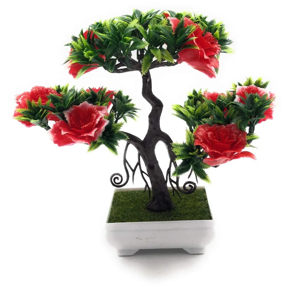 Artificial Dwarf Tree And Grass with PVC Pot (Red Flower)