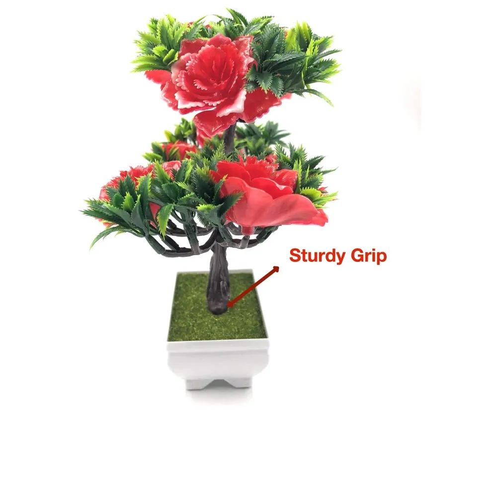 Artificial Dwarf Tree And Grass with PVC Pot (Red Flower)