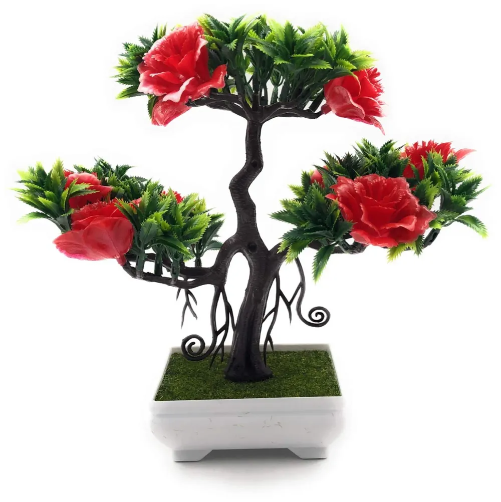 Artificial Dwarf Tree And Grass with PVC Pot (Red Flower)