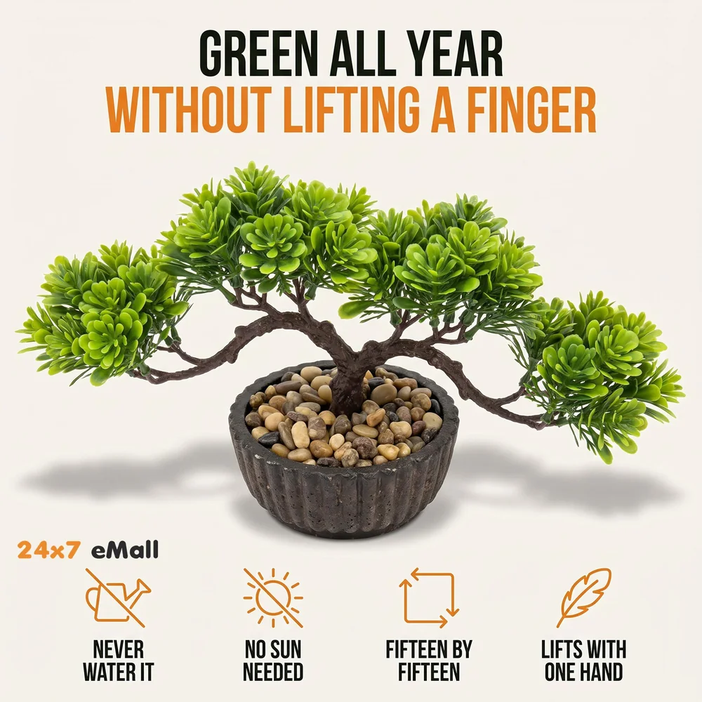 Bonsai Artificial Dwarf Tree ~ Artificial Plants with Pot and Grass Ideal for Home Décor. with Realistic Detailing Size 15 cm x 15 cm (Dark Green)