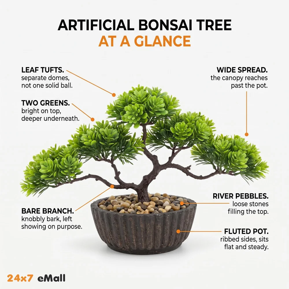 Bonsai Artificial Dwarf Tree ~ Artificial Plants with Pot and Grass Ideal for Home Décor. with Realistic Detailing Size 15 cm x 15 cm (Dark Green)