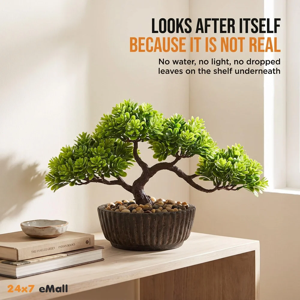 Bonsai Artificial Dwarf Tree ~ Artificial Plants with Pot and Grass Ideal for Home Décor. with Realistic Detailing Size 15 cm x 15 cm (Dark Green)