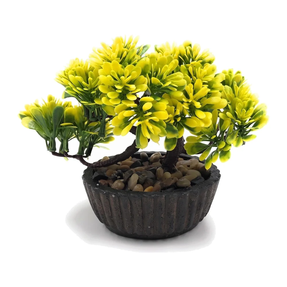 Bonsai Artificial Dwarf Tree ~ Artificial Plants with Pot and Grass Ideal for Home Décor. with Realistic Detailing Size 15 cm x 15 cm (Yellow)