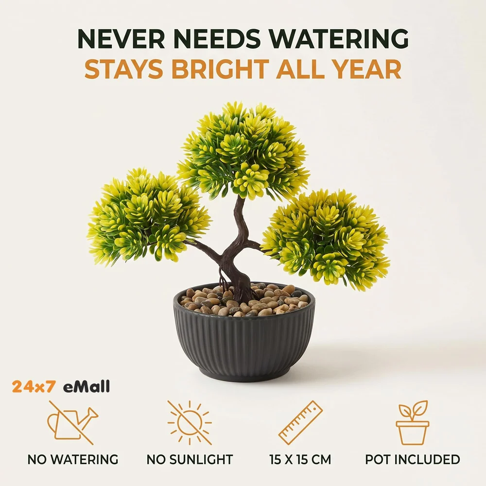 Bonsai Artificial Dwarf Tree ~ Artificial Plants with Pot and Grass Ideal for Home Décor. with Realistic Detailing Size 15 cm x 15 cm (Yellow)
