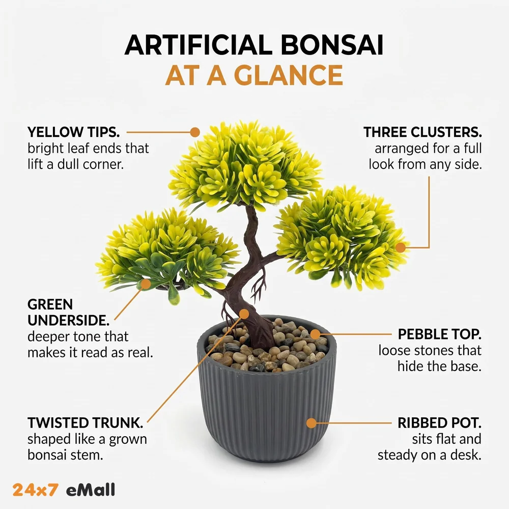 Bonsai Artificial Dwarf Tree ~ Artificial Plants with Pot and Grass Ideal for Home Décor. with Realistic Detailing Size 15 cm x 15 cm (Yellow)