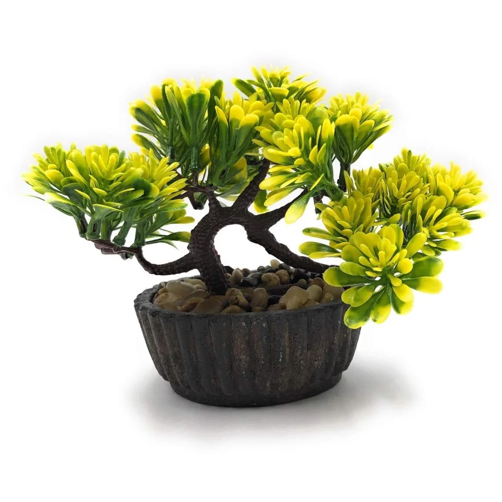 Bonsai Artificial Dwarf Tree ~ Artificial Plants with Pot and Grass Ideal for Home Décor. with Realistic Detailing Size 15 cm x 15 cm (Yellow)