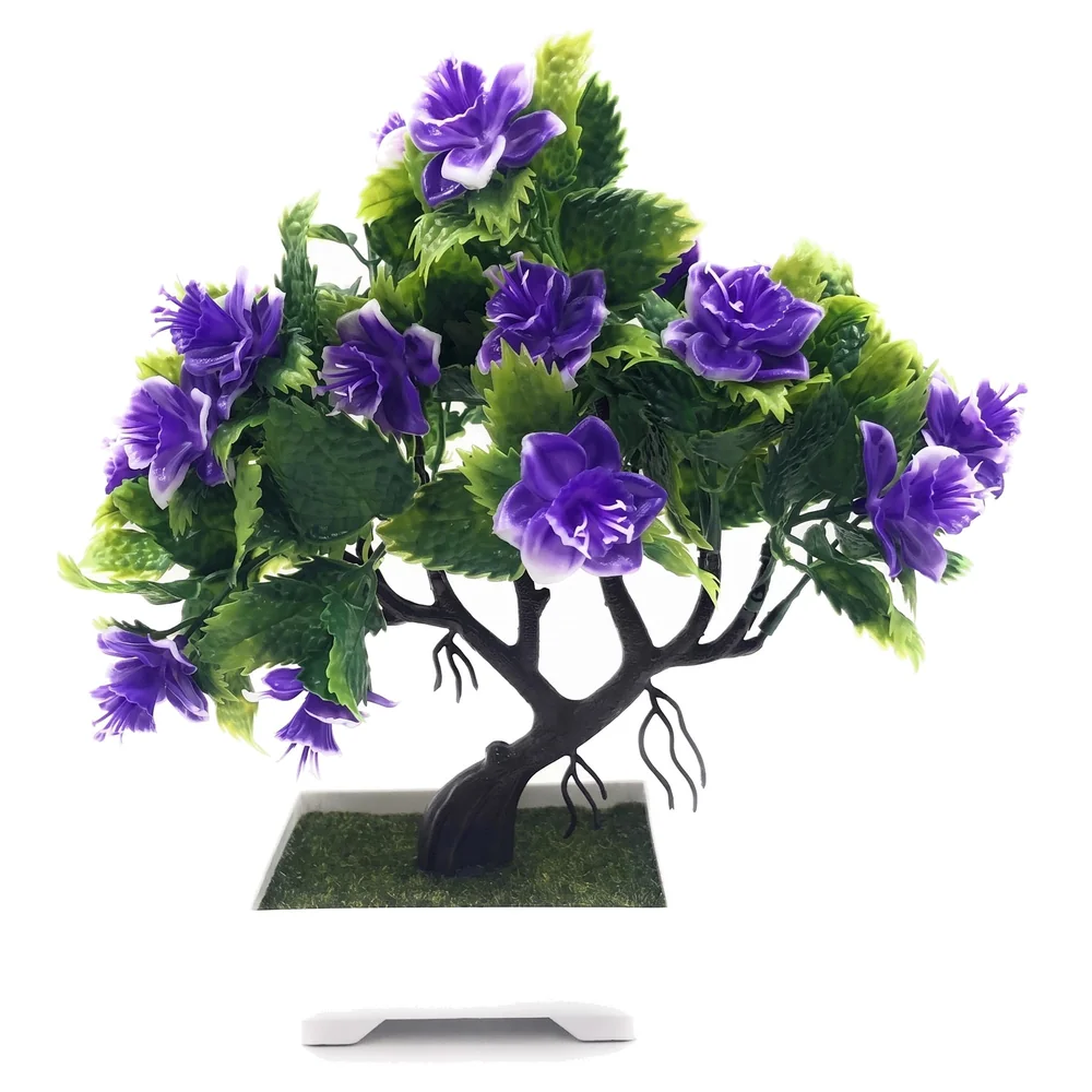 Bonsai Artificial Dwarf Tree ~ Artificial Plants with Pot and Grass Ideal for Home Décor. with Realistic Detailing Size 25 cm x 23 cm (Pot - 11cm x Breath 7cm) (Purple)