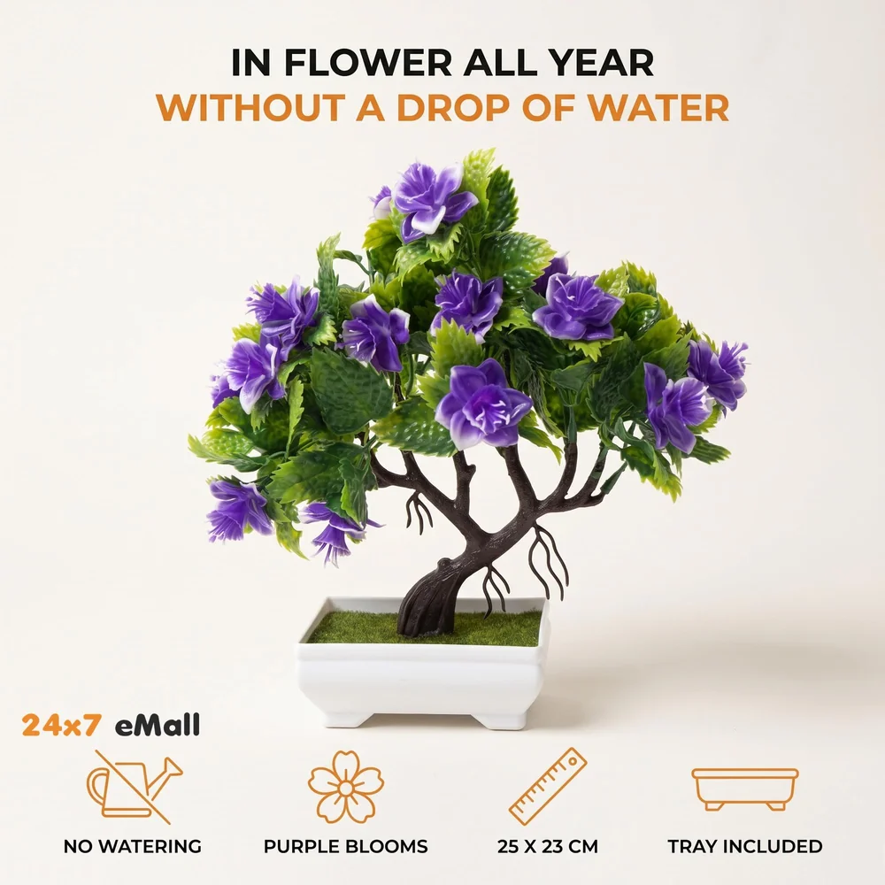 Bonsai Artificial Dwarf Tree ~ Artificial Plants with Pot and Grass Ideal for Home Décor. with Realistic Detailing Size 25 cm x 23 cm (Pot - 11cm x Breath 7cm) (Purple)