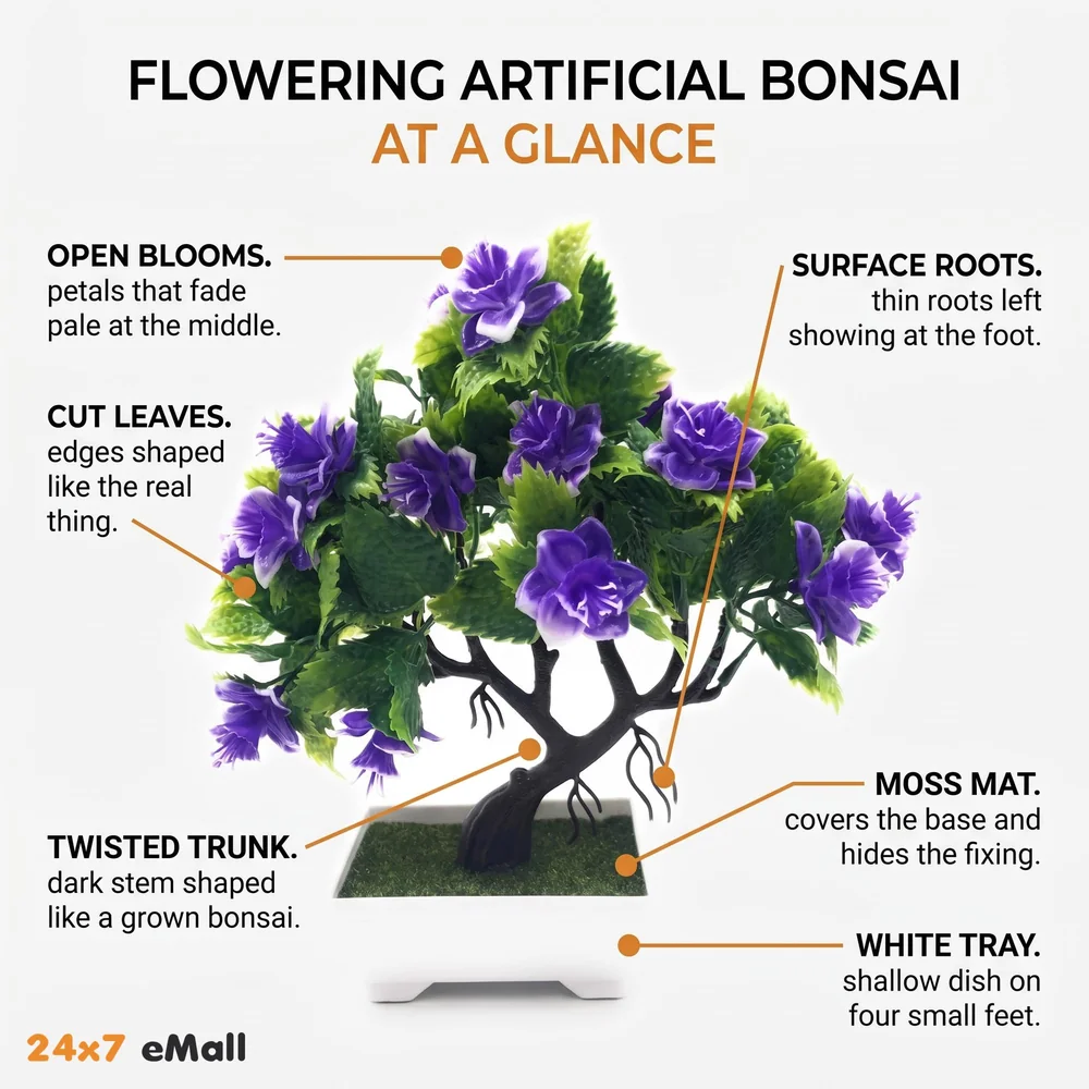 Bonsai Artificial Dwarf Tree ~ Artificial Plants with Pot and Grass Ideal for Home Décor. with Realistic Detailing Size 25 cm x 23 cm (Pot - 11cm x Breath 7cm) (Purple)