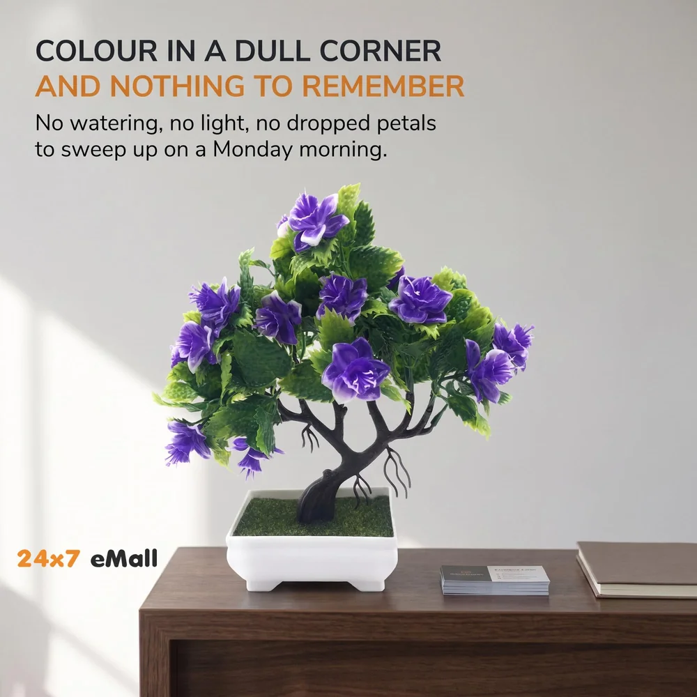 Bonsai Artificial Dwarf Tree ~ Artificial Plants with Pot and Grass Ideal for Home Décor. with Realistic Detailing Size 25 cm x 23 cm (Pot - 11cm x Breath 7cm) (Purple)