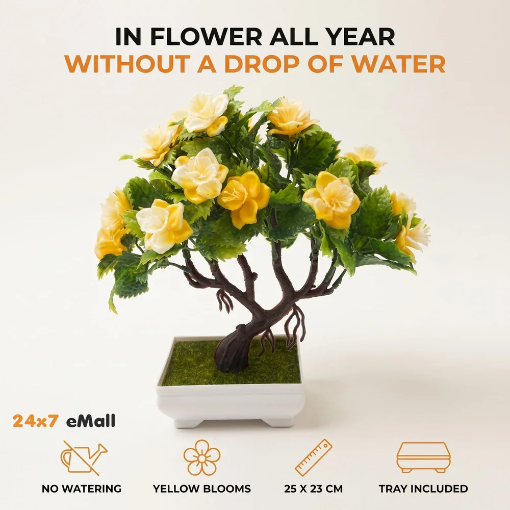 Bonsai Artificial Dwarf Tree ~ Artificial Plants with Pot and Grass Ideal for Home Décor. with Realistic Detailing Size 25 cm x 23 cm (Pot - 11cm x Breath 7cm) (Yellow)