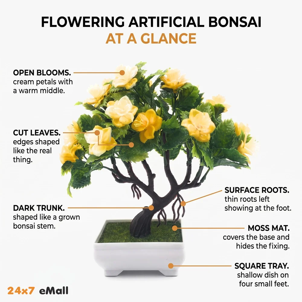 Bonsai Artificial Dwarf Tree ~ Artificial Plants with Pot and Grass Ideal for Home Décor. with Realistic Detailing Size 25 cm x 23 cm (Pot - 11cm x Breath 7cm) (Yellow)