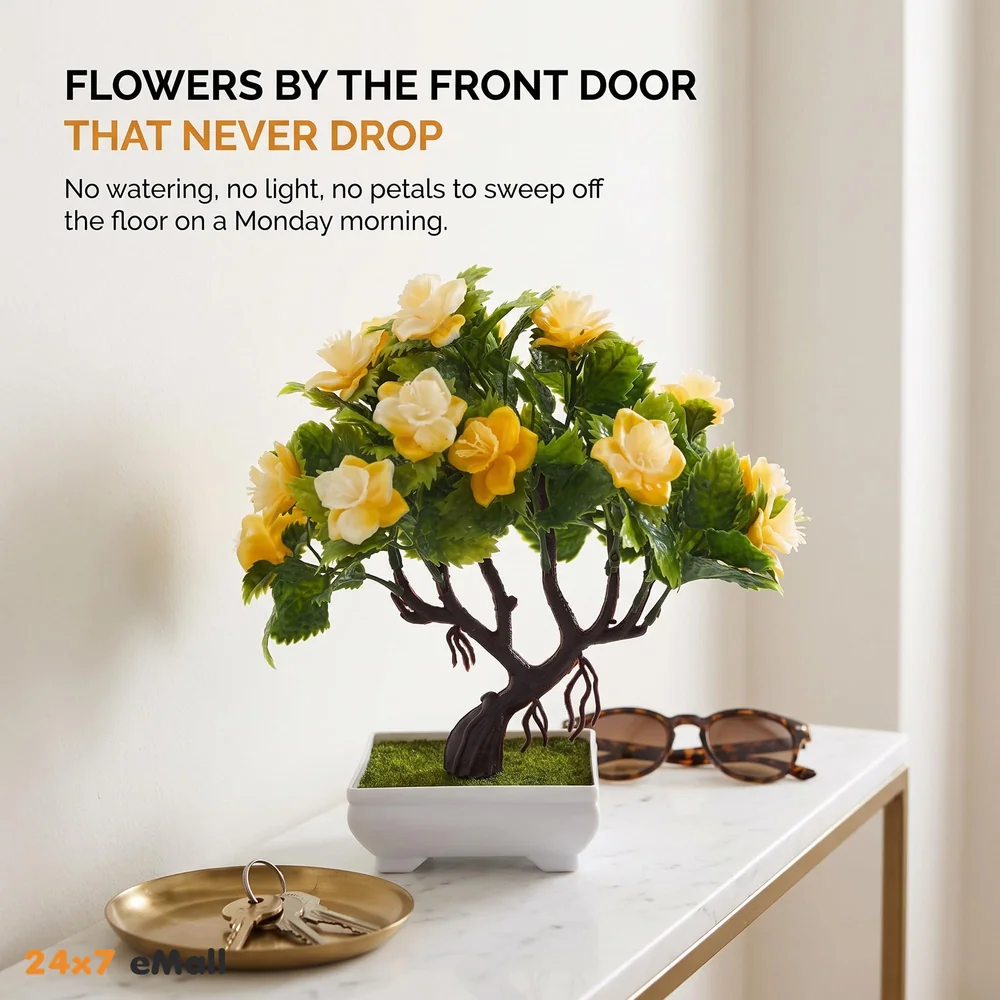 Bonsai Artificial Dwarf Tree ~ Artificial Plants with Pot and Grass Ideal for Home Décor. with Realistic Detailing Size 25 cm x 23 cm (Pot - 11cm x Breath 7cm) (Yellow)