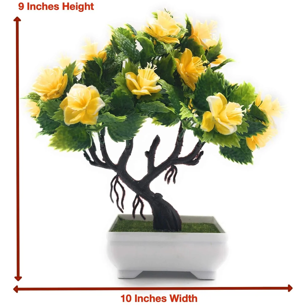 Bonsai Artificial Dwarf Tree ~ Artificial Plants with Pot and Grass Ideal for Home Décor. with Realistic Detailing Size 25 cm x 23 cm (Pot - 11cm x Breath 7cm) (Yellow)