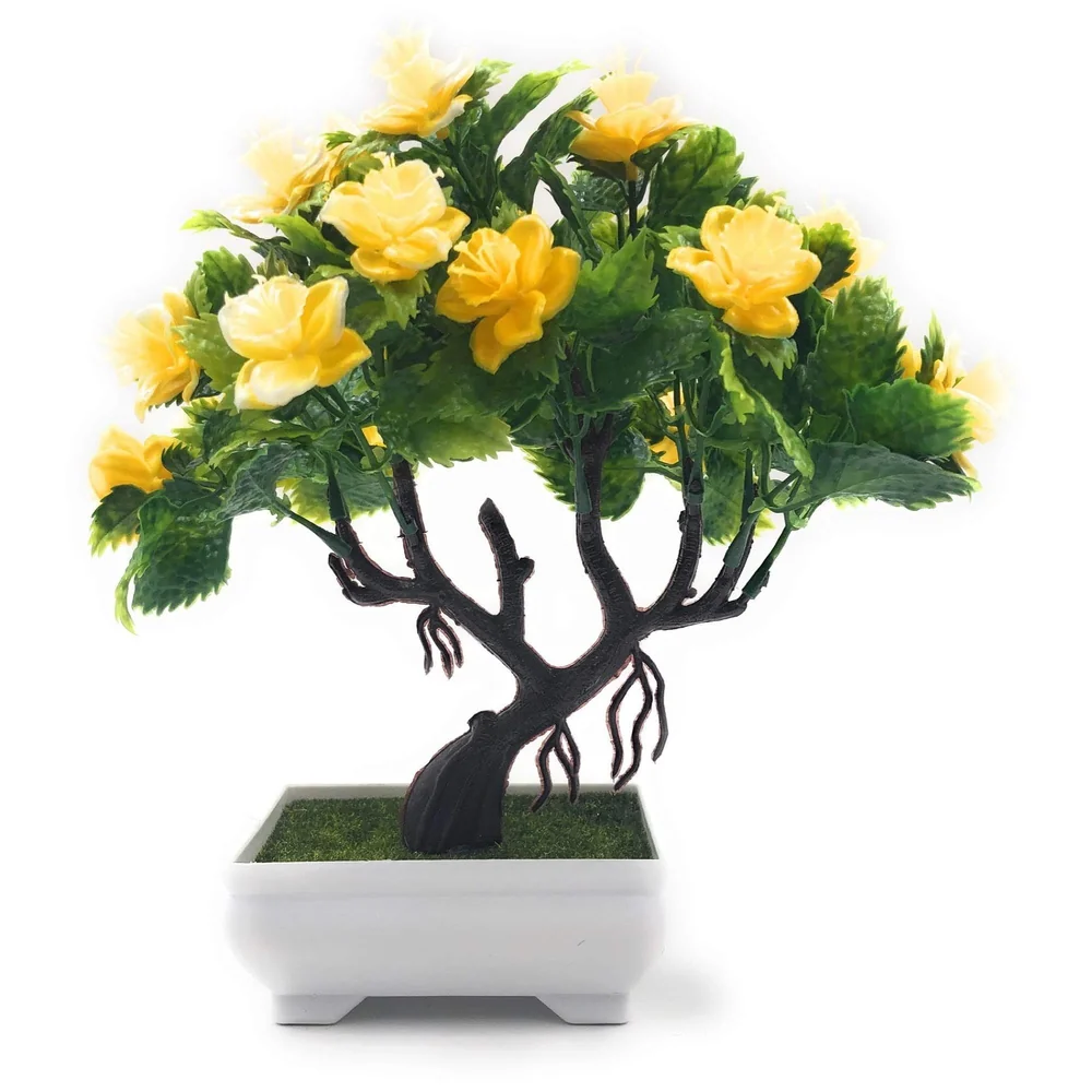Bonsai Artificial Dwarf Tree ~ Artificial Plants with Pot and Grass Ideal for Home Décor. with Realistic Detailing Size 25 cm x 23 cm (Pot - 11cm x Breath 7cm) (Yellow)