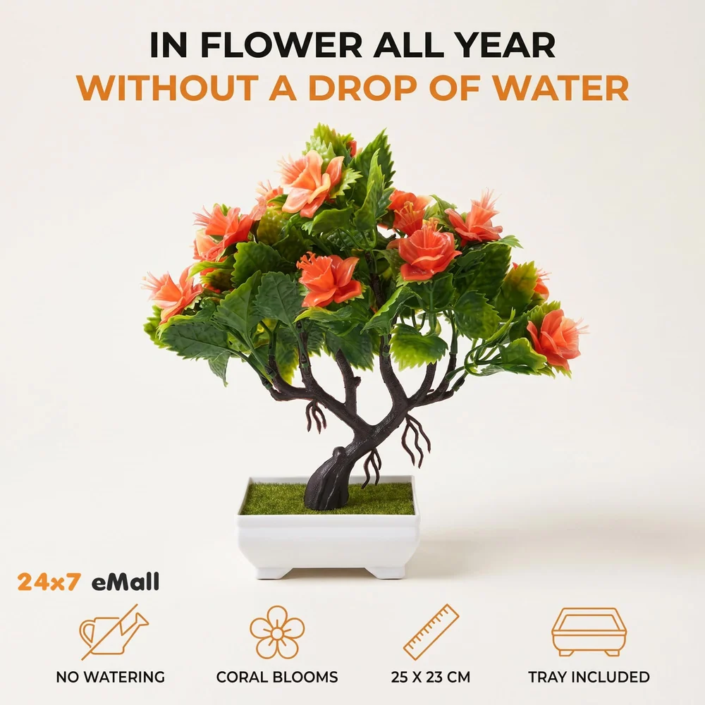 Bonsai Artificial Dwarf Tree ~ Artificial Plants with Pot and Grass Ideal for Home Décor. with Realistic Detailing Size 25 cm x 23 cm (Pot - 11cm x Breath 7cm) (Orange)