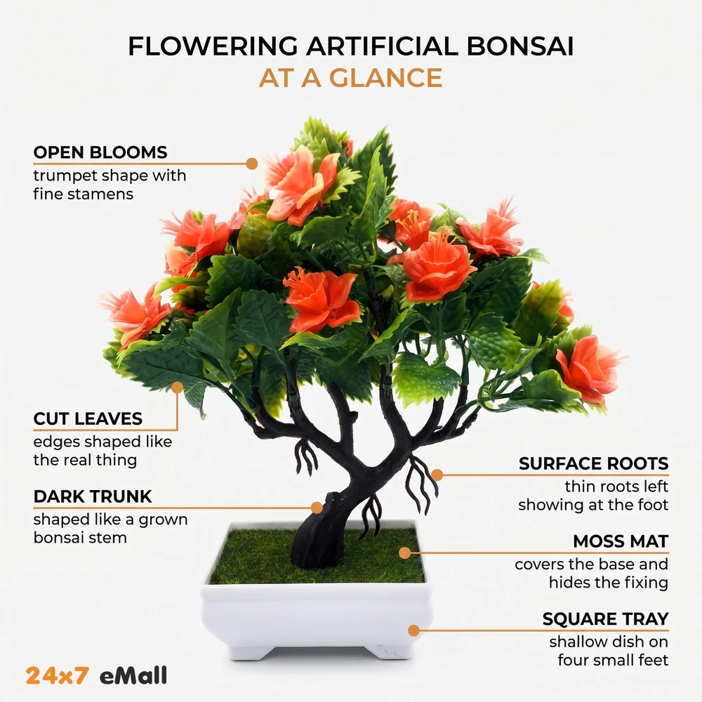 Bonsai Artificial Dwarf Tree ~ Artificial Plants with Pot and Grass Ideal for Home Décor. with Realistic Detailing Size 25 cm x 23 cm (Pot - 11cm x Breath 7cm) (Orange)