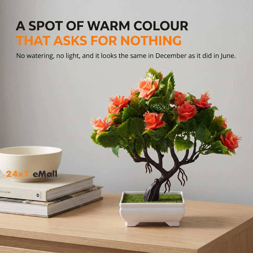 Bonsai Artificial Dwarf Tree ~ Artificial Plants with Pot and Grass Ideal for Home Décor. with Realistic Detailing Size 25 cm x 23 cm (Pot - 11cm x Breath 7cm) (Orange)