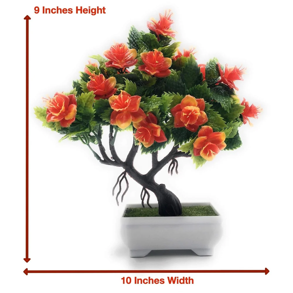 Bonsai Artificial Dwarf Tree ~ Artificial Plants with Pot and Grass Ideal for Home Décor. with Realistic Detailing Size 25 cm x 23 cm (Pot - 11cm x Breath 7cm) (Orange)